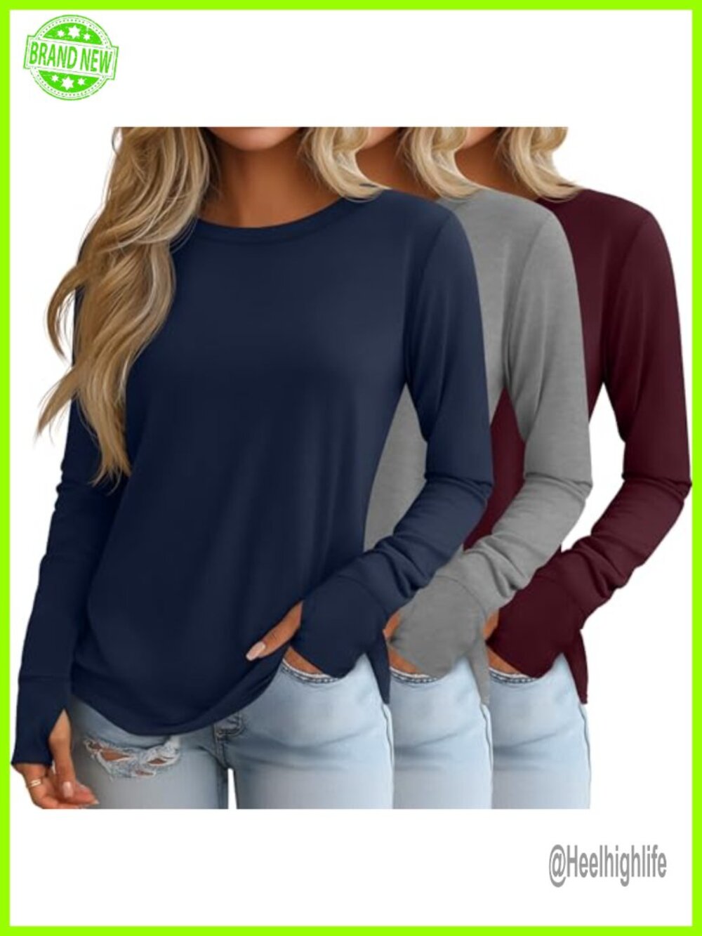 Womens Long Sleeve Cotton Tunic Shirts with Thumb Holes 3 Pack Crew Neck